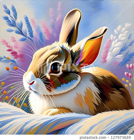 花朵和兔子的彩色波普插畫 花朵和兔子的彩色波普插畫 127973689