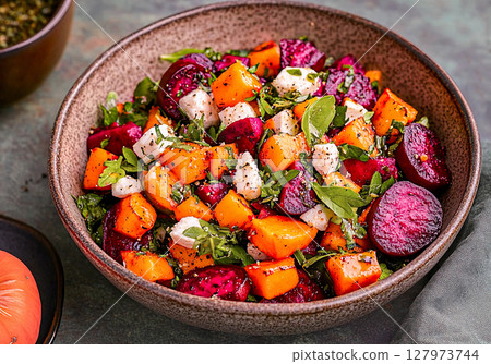 A vibrant salad featuring roasted beets, squash, and fresh greens garnished with herbs. 127973744