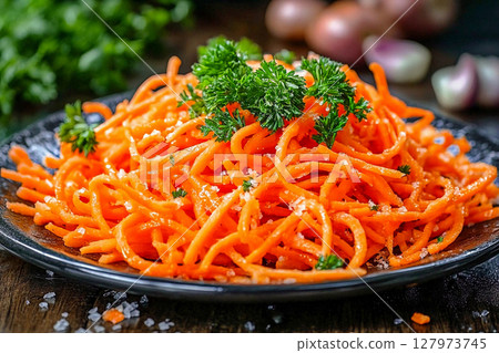 Deliciously vibrant carrot pasta topped with fresh herbs served on a rustic black plate 127973745