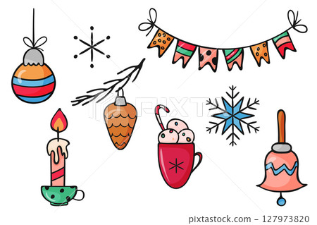Christmas symbol icon set. Doodle cartoon style, sketch hand drawn blob brush stroke line, black ink marker contour. Hanging toy garland, cup, ball, candle, snowflake collection. Vector illustration 127973820