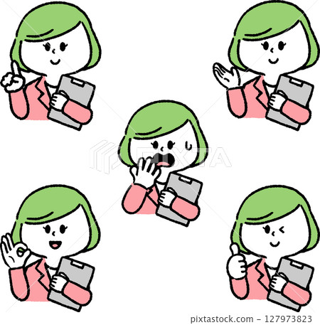 Woman in a suit holding a file icon (set) 127973823