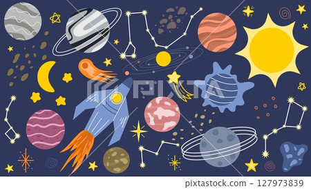 Cute hand drawn stylized universe for school education 127973839