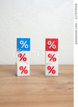 Two towers of percent blocks. Comparison of the terms of two loans and deposits. Hidden fees, fines and penalties. Financial literacy in lending scenarios. Hidden charges, interest rates 127974026