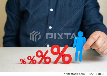 Business pays high costs per worker. Population indebtedness. Rising payroll costs, employee benefits, economic pressure on companies, household debt, and the socioeconomic tension. Credit dependence. 127974038