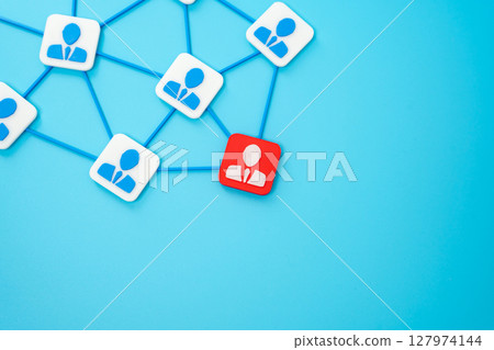 Corporate network and red figurine of an employee. Threat of being laid off. Fear of job loss, pressure in corporate structures, or economic uncertainty. Performance anxiety 127974144