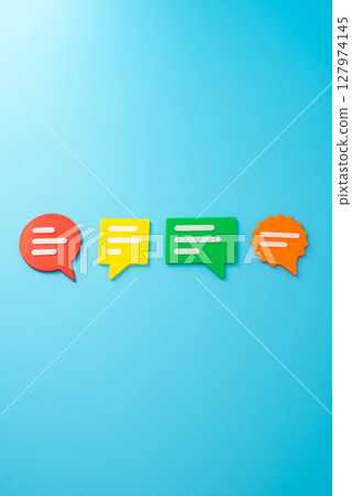 Conversational figures. Opinions and feedback. Dialogue, online comments, collaborative brainstorming, or public sentiment. Civic engagement, social media culture, or consumer feedback. 127974145