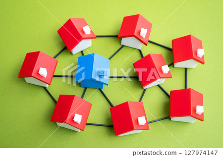 Blue House in a network of connected houses. Autonomy and self-sufficiency. Smart home technologies on a community scale. Data sharing, energy efficiency. IoT adoption. Sustainable communities, 127974147