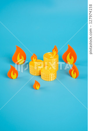 Stacks of coins surrounded by fire. Savings in the fire of inflation and devaluation. Financial crisis, cryptocurrencies and the traditional financial system. Crypto volatility, currency devaluation 127974158