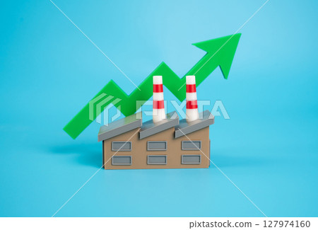 Industrial plant and green arrow up. Economic growth and industrial development. Rising production, industrial recovery, or investment inflow. Green industrial transitions, cleaner technologies, 127974160