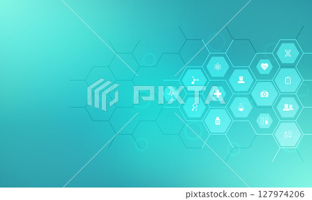 Medical background with flat icons and symbols. Template design with concept and idea for the healthcare technology, innovation medicine, health, science, and research 127974206