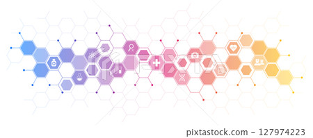 Medical background and healthcare technology with flat icons and symbols. Design template of concept and idea for health care business, innovation medicine, health safety, science. Illustration 127974223