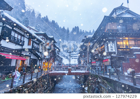 Snowfall at Ginzan Onsen (Yamagata Prefecture) Snowfall at Ginzan Onsen (Yamagata Prefecture) 127974229