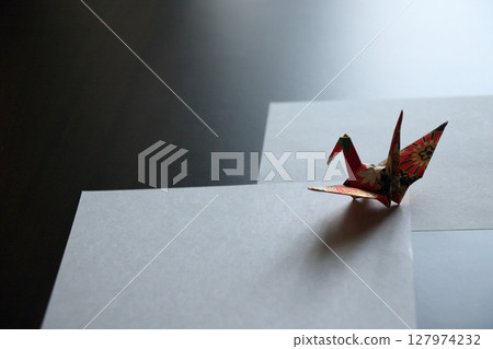 Origami Crane: Origami Crane in Silhouette 127974232