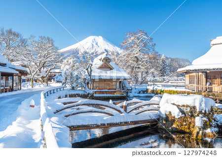 Oshino Hakkai Mt. Fuji snow scene 127974248