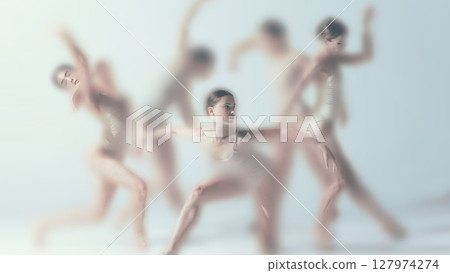 Subtle faded ballet formation with neutral flow and coordinated expressive posing 127974274