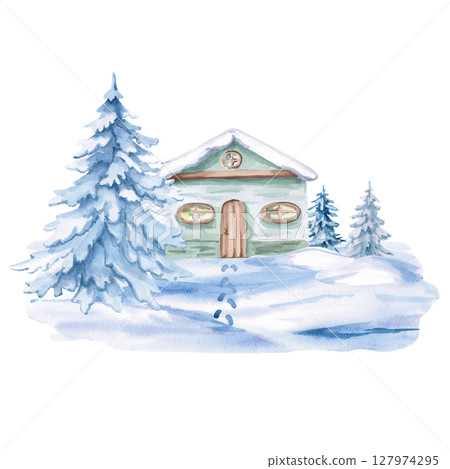 Cozy green house under snow with Christmas trees and footprints in the snow. Isolated watercolor illustration for invitations, tickets, photo frames, posters, calendars, printing on textiles. 127974295