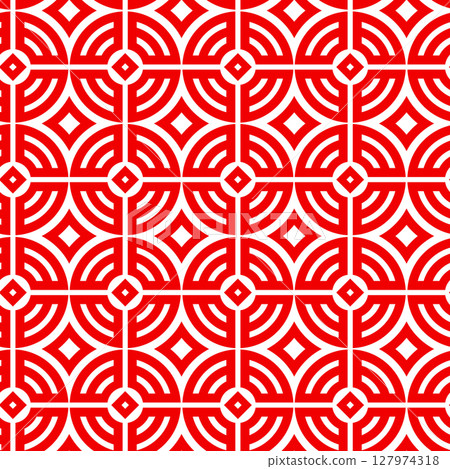 Seamless decorative pattern with red and white concentric circles and diamonds forming an intricate geometric background 127974318