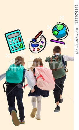 Colorful composition. Kids running to class with pixel icons in energetic gaming style Colorful composition. Kids running to class with pixel icons in energetic gaming style 127974321