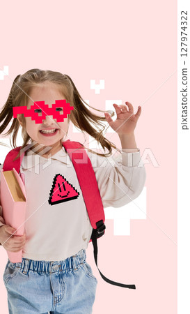 Bold pixel remix with confident student girl in glitch glasses. Poster, flyer Bold pixel remix with confident student girl in glitch glasses. Poster, flyer 127974322