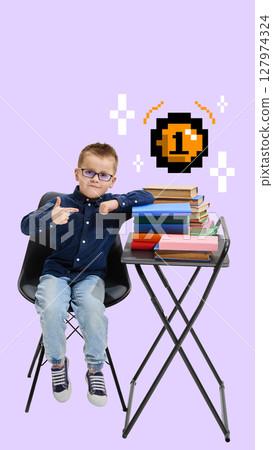 Quirky visual. Boy with glasses, book pile and floating pixel coin icon Quirky visual. Boy with glasses, book pile and floating pixel coin icon 127974324