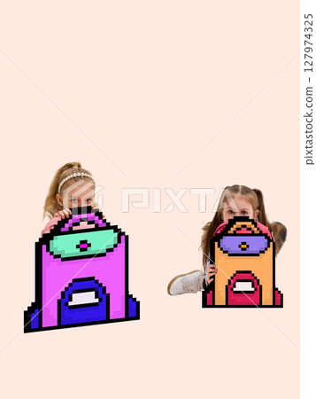 Playful surreal concept. Two girls with giant cartoon backpacks on pastel background 127974325