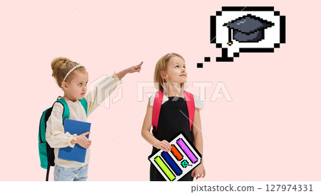 Pixel collage with two girls with bright backpacks looking at a graduation cap thought bubble. 127974331