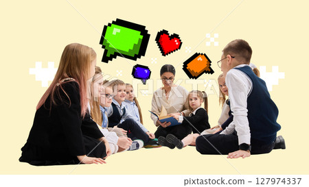 Colorful collage. Group of kids listening to teacher reading with pixel dialogue bubbles above heads 127974337