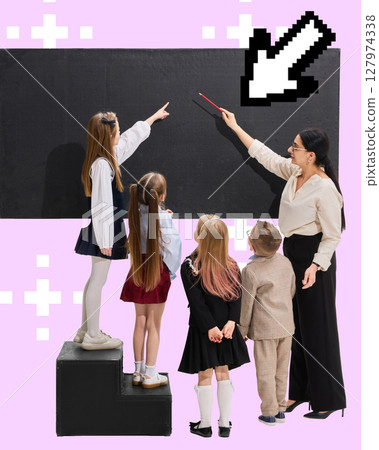 Teacher and students pointing at blackboard, with cursor, in stylized classroom composition Teacher and students pointing at blackboard, with cursor, in stylized classroom composition 127974338