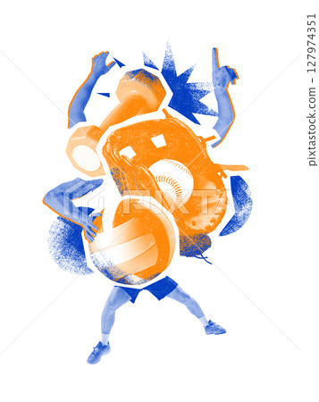 Dynamic visual. Abstract sports energy with baseball, volleyball, dumbbell and glove in motion 127974351
