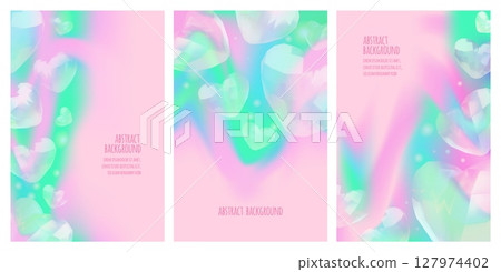 3D glass hearts on colorful gradient, vector abstract backgrounds set, transparent iridescent gem stones love symbol 127974402
