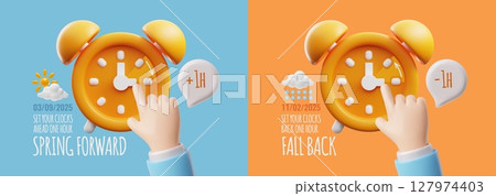 3D set of posters for changing clocks to summer and winter time. 3D set of posters for changing clocks to summer and winter time. 127974403