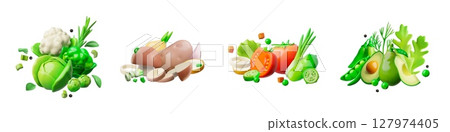 3D collection of vegetable sets, cabbage, avocado, tomato, mushrooms, greens, cucumber. 3D collection of vegetable sets, cabbage, avocado, tomato, mushrooms, greens, cucumber. 127974405