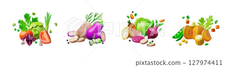 Set of 3D vector vegetables: cabbage, eggplant, corn, potato, tomato, greens, pumpkin. 127974411