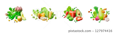 3D set of grouped fresh vegetables, zucchini, carrots, peppers, avocado, corn, greens. 127974416