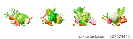 3D farm vegetable sets, white cabbage, broccoli, cauliflower, radish, cucumber, carrot, corn. 3D farm vegetable sets, white cabbage, broccoli, cauliflower, radish, cucumber, carrot, corn. 127974443