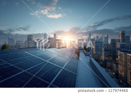 A rooftop in early morning light features multiple rows of solar panels, reflecting the sky. Towering modern buildings and futuristic architecture stretch into the distance under a soft golden glow. 127974468