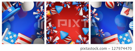 3D Patriotic Poster Set for Independence Day of the USA with Flag, Fireworks, Balloons. 127974470