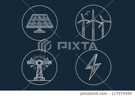 An infographic illustrating the power supply system of a modern eco-house. The diagram shows how energy from a wind turbine and solar panels on the roof is stored in batteries and powers the home. Thi An infographic illustrating the power supply system of a modern eco-house. The diagram shows how energy from a wind turbine and solar panels on the roof is stored in batteries and powers the home. Thi 127974490