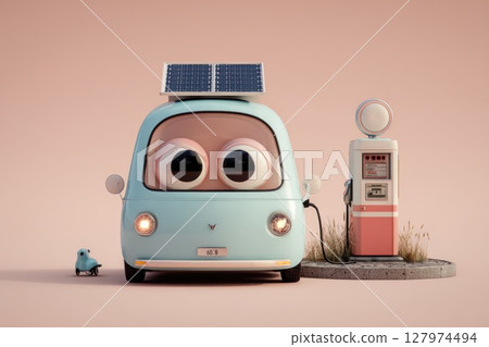 A whimsical 3D illustration of a cute, light-blue retro electric car designed as a character with large, expressive eyes. The car, featuring a solar panel on its roof, is being charged at a station th 127974494