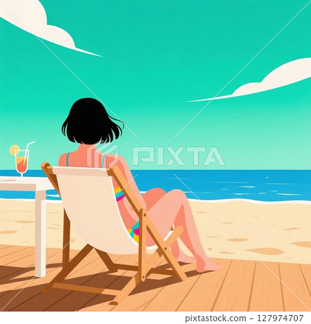 An illustration of a woman in a swimsuit relaxing on a beautiful summer beach 127974707