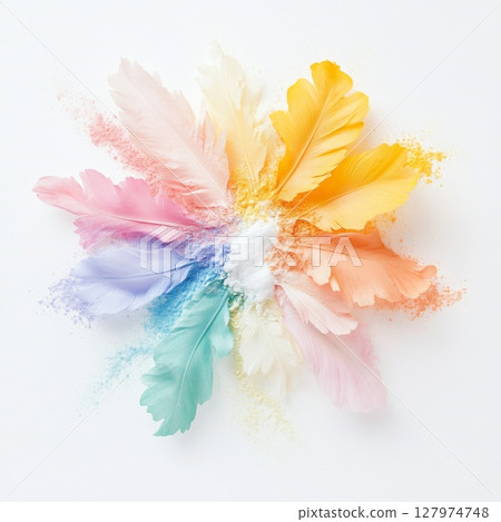 Pastel colors blend harmoniously with feathers and powders creating a captivating display of vibrant textures and shades in an artistic arrangement 127974748