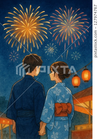浴衣情侶和夜空中的大煙火 127974767