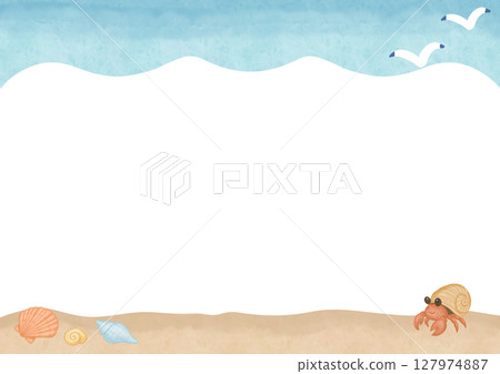 貝殼與寄居蟹海背景水彩框架 127974887