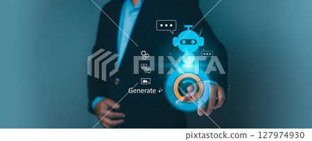 Artificial intelligence, machine learning, technological innovation. Concepts of digital transformation, automated solutions, future computing. Man interacts with glowing AI robot and Generate command 127974930