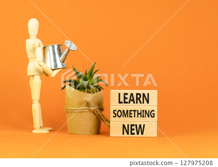 Learn something new symbol. Concept words Learn something new on beautiful block. Businessman model. Beautiful orange background. Business motivational lifestyle learn something new concept Copy space 127975208