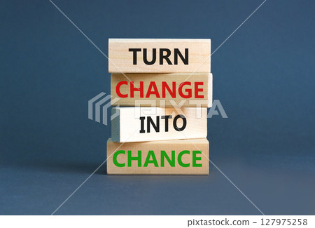 Turn change into chance symbol. Concept words phrase Turn change into chance on beautiful wooden blocks. Beautiful grey paper background. Business Turn change into chance concept. Copy space. Turn change into chance symbol. Concept words phrase Turn change into chance on beautiful wooden blocks. Beautiful grey paper background. Business Turn change into chance concept. Copy space. 127975258