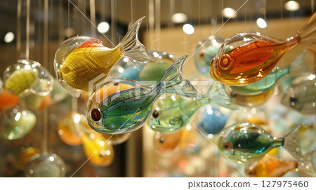 華麗的室內裝飾，配有色彩繽紛的魚形玻璃風鈴 127975460