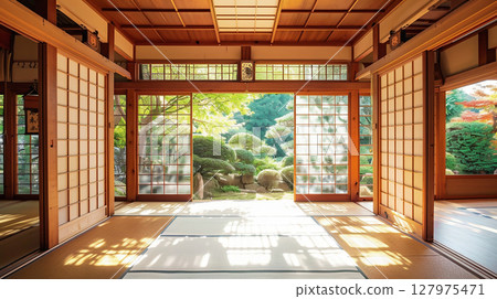日式房間內安靜的早晨，透過障子屏風看到的日式庭園 127975471