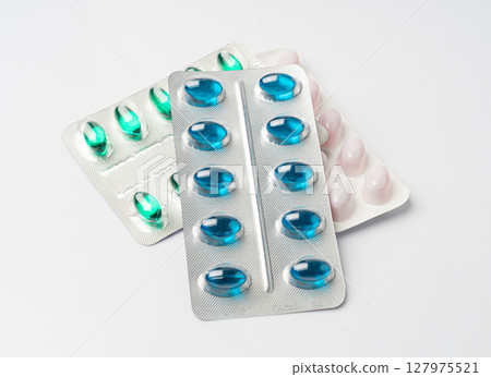 Color Pill Capsules Isolated, Analgesic Pile, Painkiller Drugs Mix, Sedative Pills Group, Medicine Gel Capsules 127975521