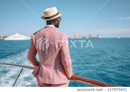 Fashionable successful african businessman standing on private boat, luxury yacht trip concept, summer vacation 127975601